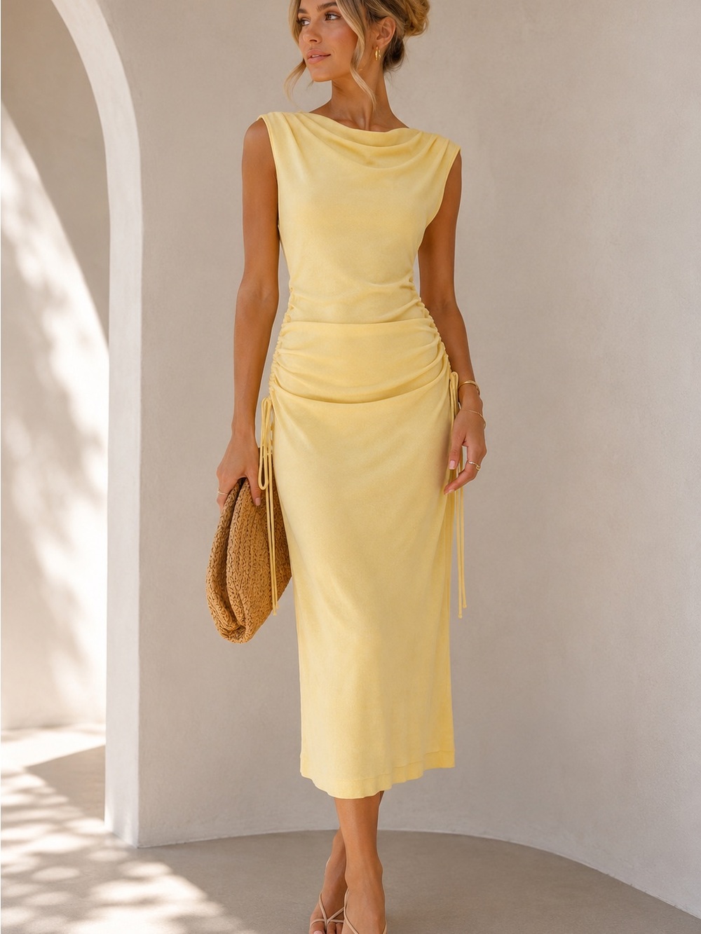 Lioness XS Yellow Ruched Knit Long Dress Side Drawstring Australia Bodycon Date